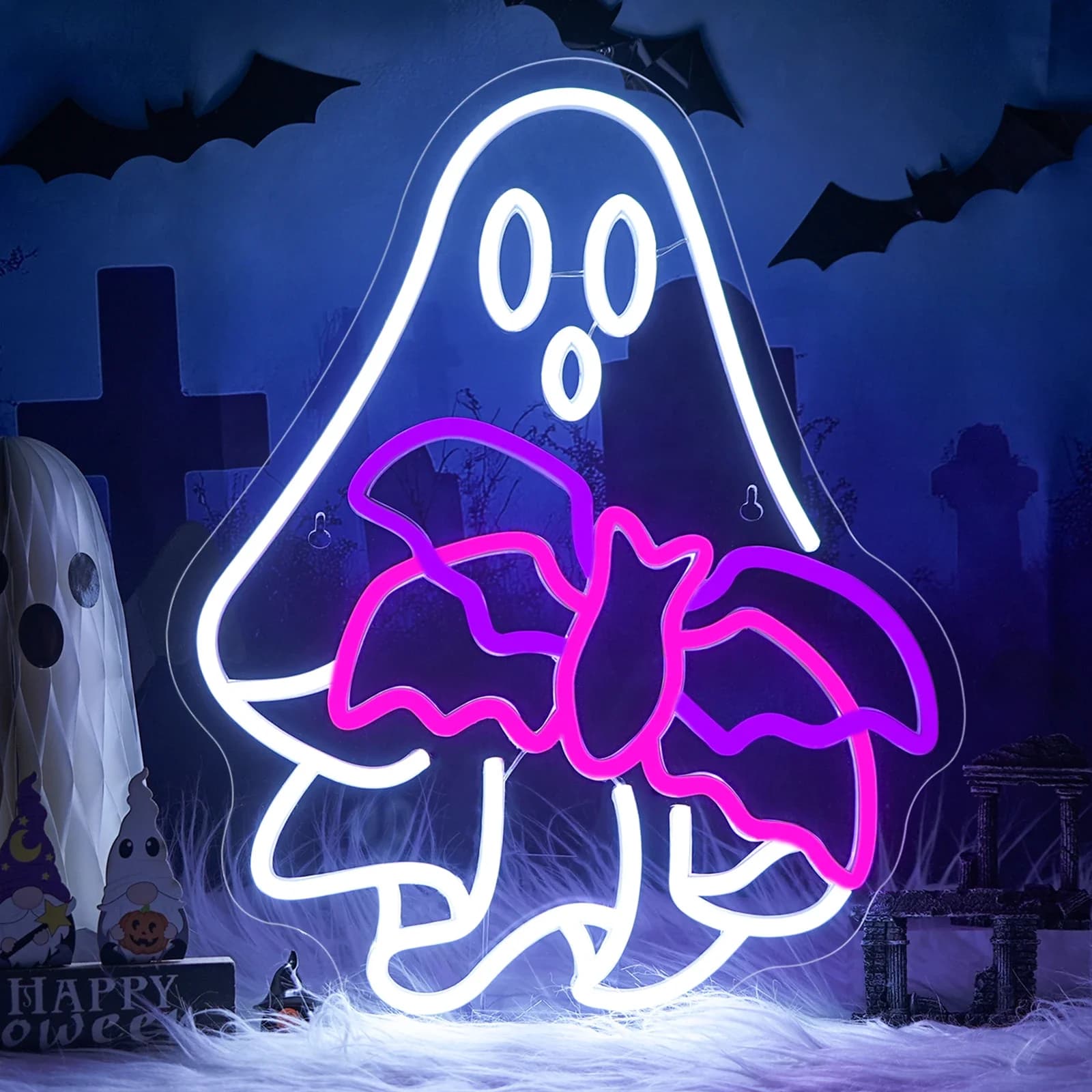 Divertente pipistrello fantasma spettrale, cartello illuminato a LED, decorazione da parete per Halloween, finestra spettrale dimmerabile, club, feste, bar, negozi