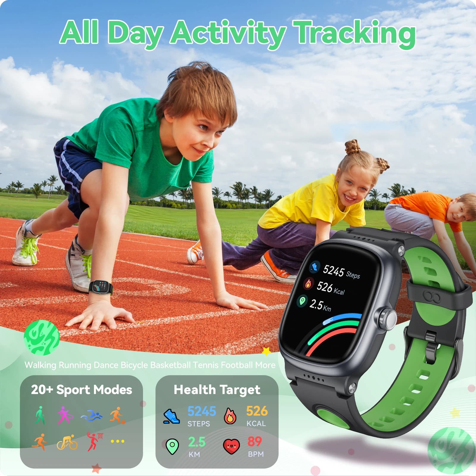 Smart Watch per bambini con cardiofrequenzimetro, giochi/allarme/orologio intelligente impermeabile IP68 per ragazzi e ragazze, contapassi di calorie