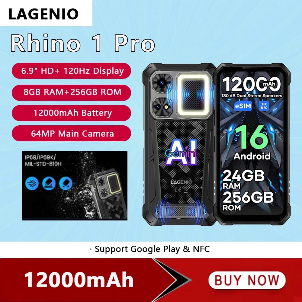 LAGENIO Rhino 1 PRO Smartphone Rugged 4G Android 16 8GB+256GB Telefono Cellulare Batteria 12000mAh Schermo 6.9 Pollici HD+ IPS 33w NFC