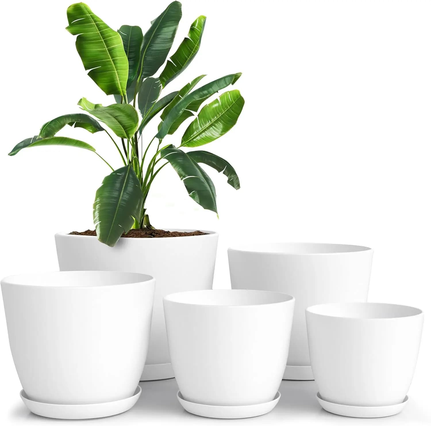 Set di 5 Vasi in Plastica Bianca con Fori di Drenaggio per Piante da Interno, Arredamento Moderno in Diverse Dimensioni