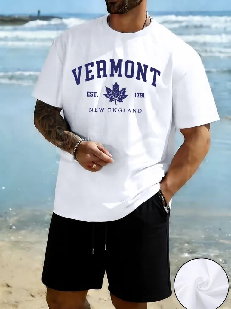 Vermont New England Est 1791 Set stampato da uomo con scollo a O, traspirante, top abbinabile a tutto, comoda maglietta in cotone, pantaloni estivi da spiaggia