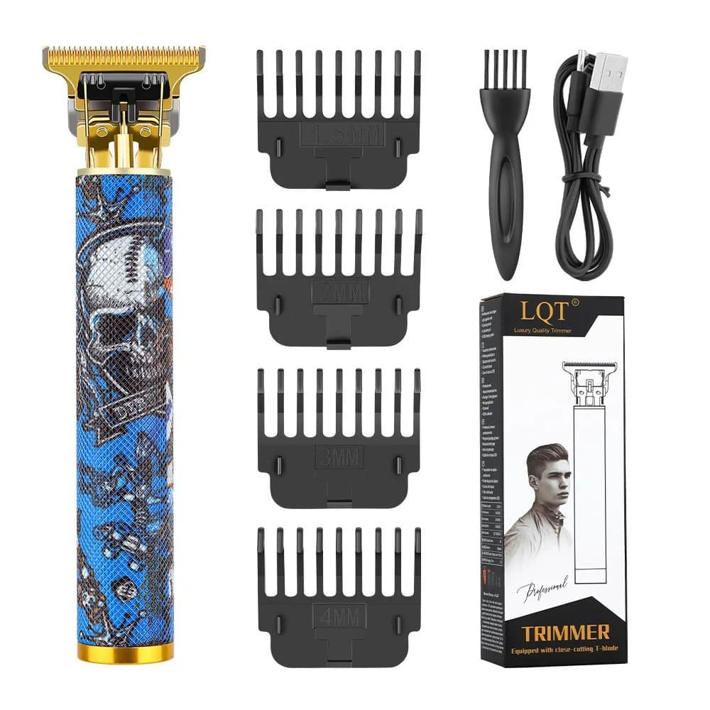 Retro Tattoo Skull Pattern Cordless T Hair Trimmer Gold Blade Zero Gap Barber Shaver for Men Hair Beard Styling with Limit Combs