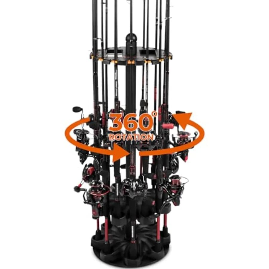 Portacanne da Pesca Girevole V16 per Garage, Supporto da Pavimento Salvaspazio per 16 Canne e Set Completi, Organizzatore con Schiuma Dura