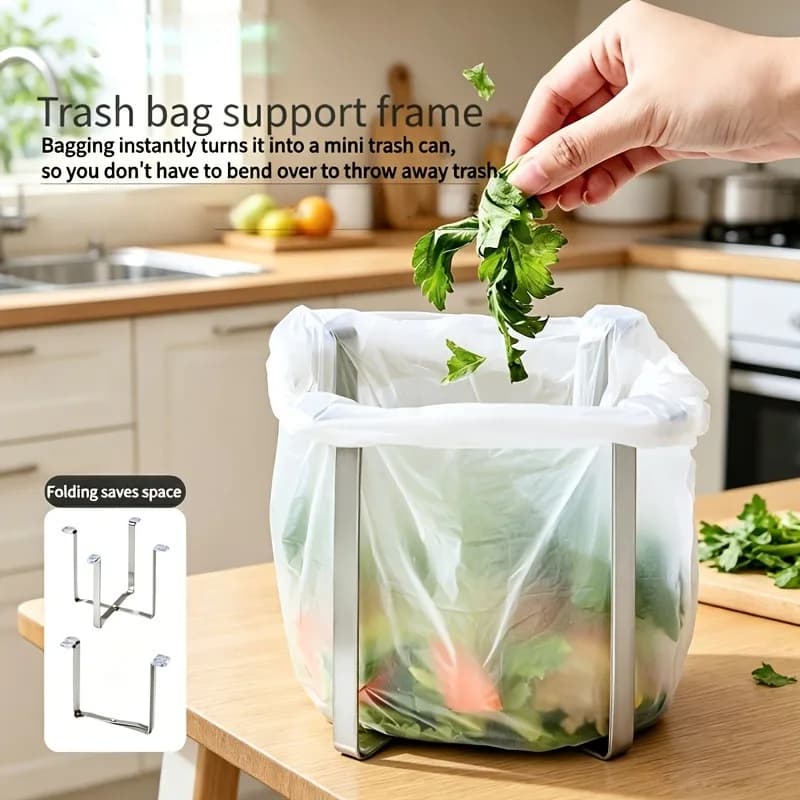 Folding Stainless Steel Trash Can Holder Floor Standing Trash Rack Storage Organizer, Space Saving Countertop Storage Shelf