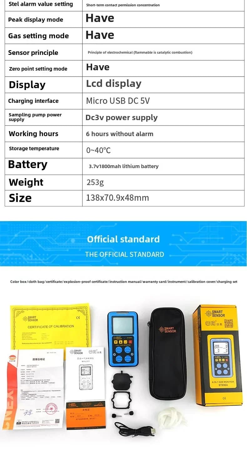 high precision ST8904 Multifunctional Gas Detector Oxygen O2 Hydrogen Sulfide H2S Carbon Monoxide CO Combustible Gas LEL Gas Met
