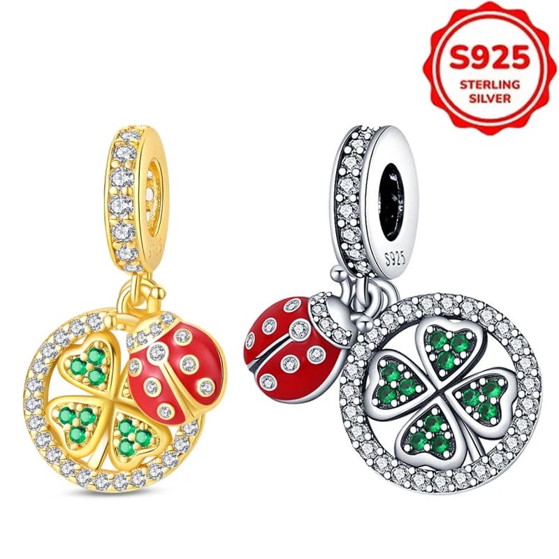 Ciondoli in Argento Sterling 925 a Forma di Quadrifoglio, Coccinella e Foglie Verdi, Perline per Bracciali e Bangles Originali da Donna, Gioielli Fai-da-Te, Regali