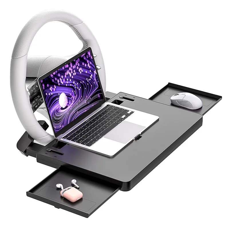 Multi functional steering wheel, desks, retractable car tablet, laptop stand, in car office, dining table, small desk