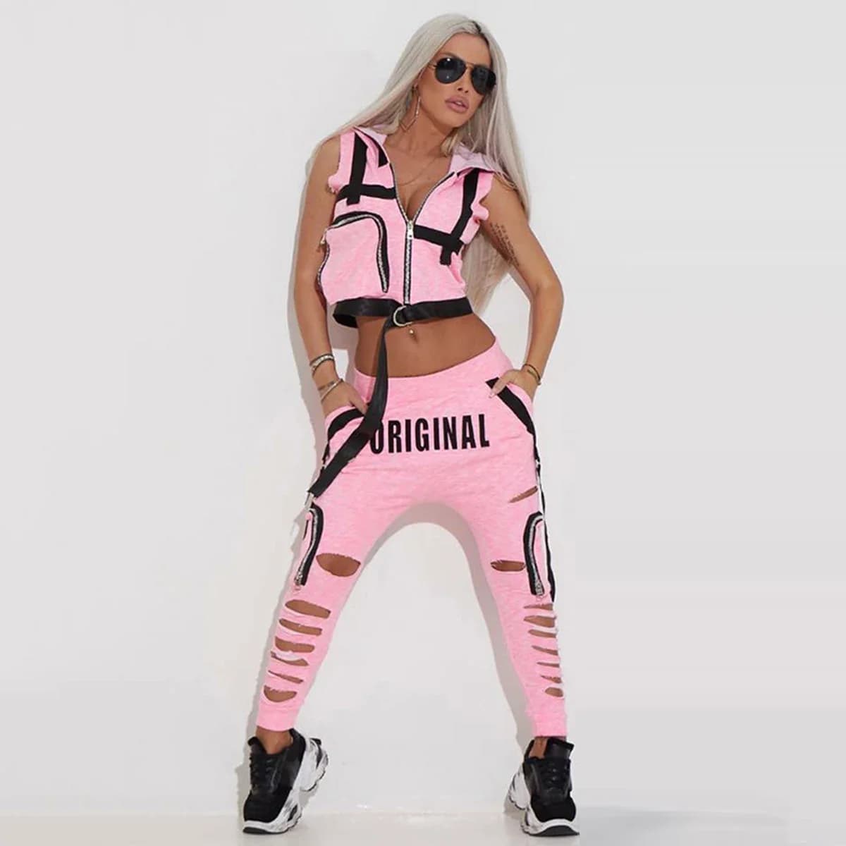 Women's Streetwear Pink 2 Piece Set Sleeveless Zip-Up Hooded Crop Tops & Distressed Hollow Out Joggers Hip Hop Style Sportsuits