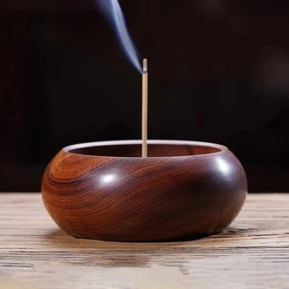 Portaincenso Tradizionale in Legno a 4 Fori, Artigianale, in Legno Massello, Base Rotonda Levigata per Pratica Yoga