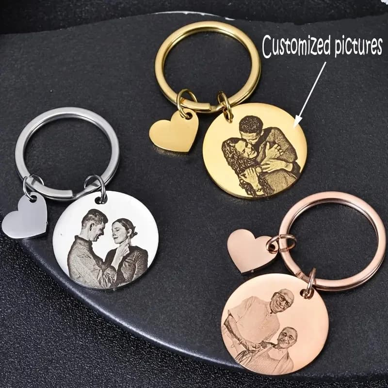 Personalized Keychain with Photo Engraved with Heart Shaped Stainless Steel Laser - Unique Gift for Mother's Day
