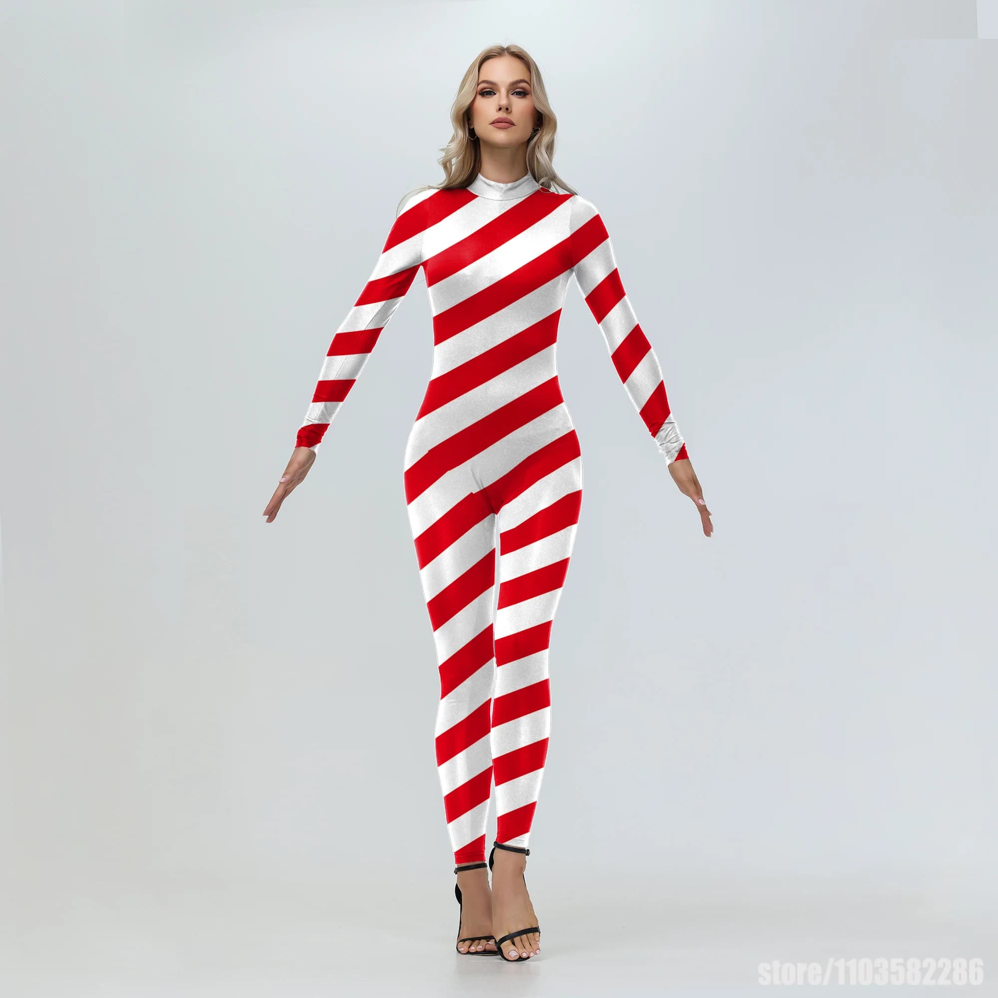 Tuta da donna con canna di zucchero Costume cosplay a strisce rosse Natale Tuta con stampa 3D Abito natalizio Festival Tuta Coppia Zentai