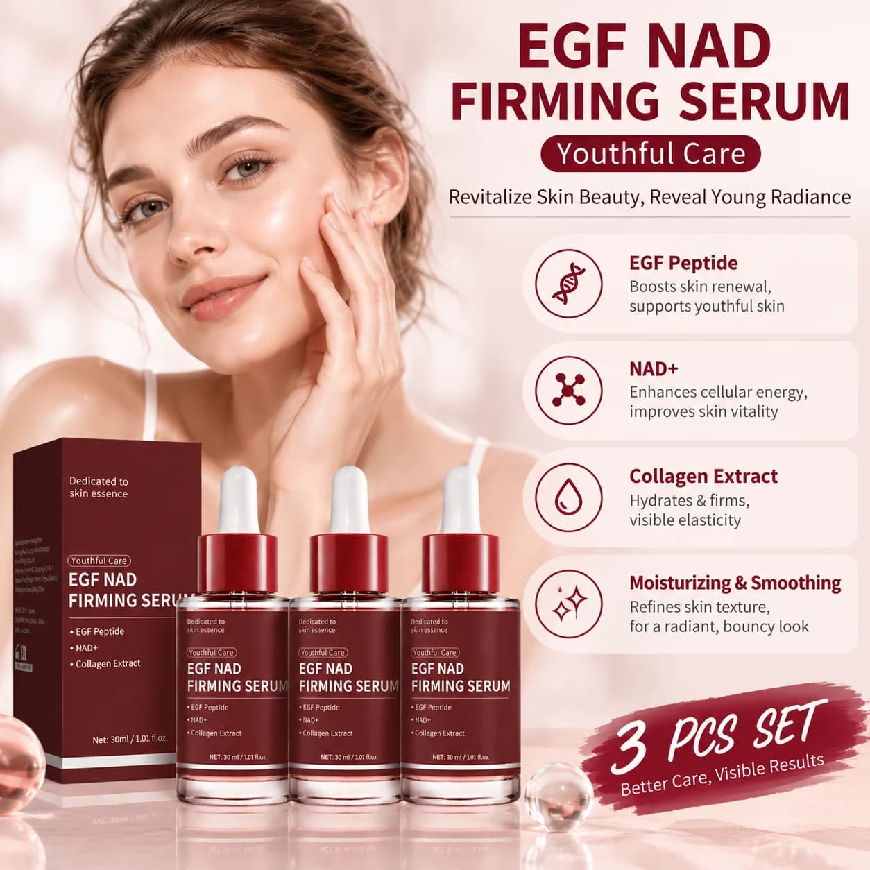3-Bottle Pack EGF NAD+ Facial Essence Collagen Moisturizing Serum - Skin Hydrating Facial Serum
