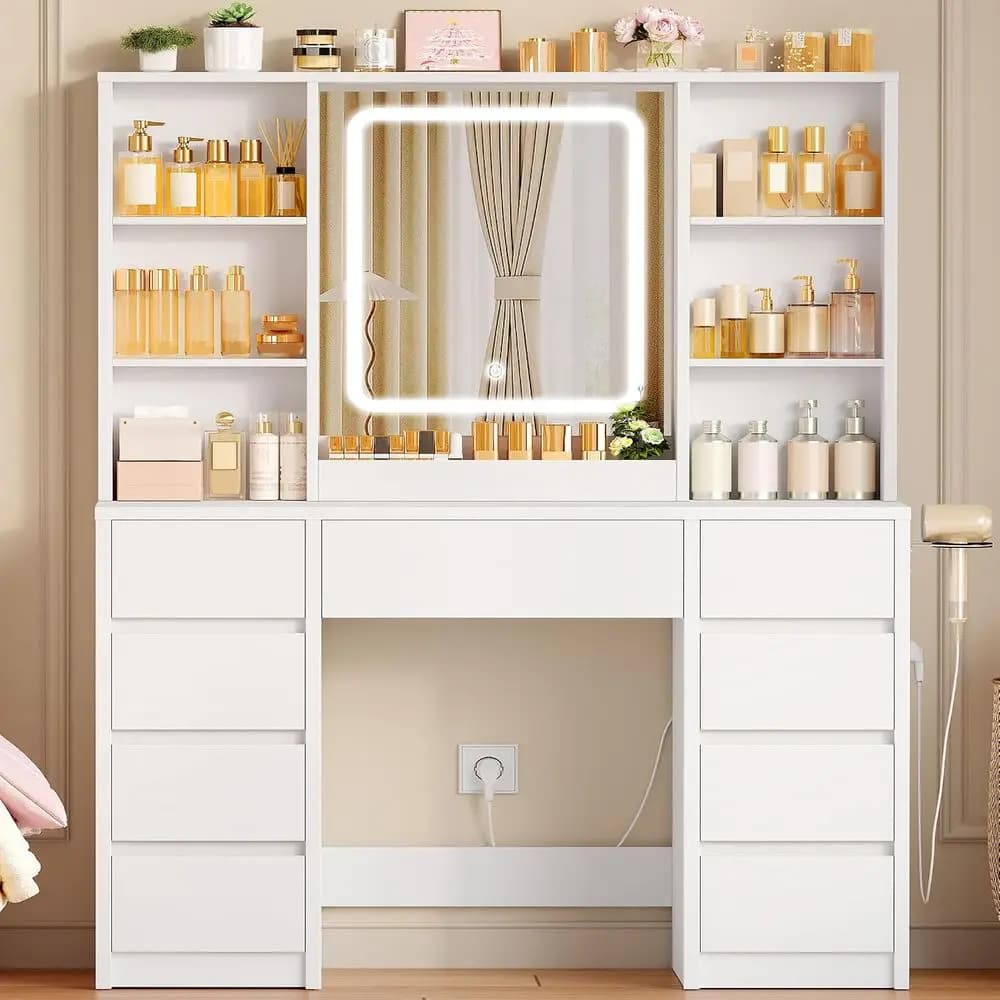 Large White Makeup Vanity Desk with Charging Station & 9 Ders | Smart LED Mirror,7 Open Storage Shelves,Hairdryer Rack,Girls Van