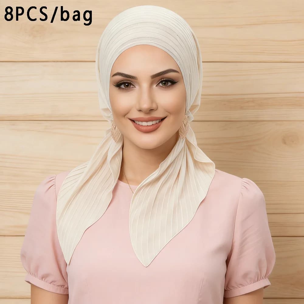 8PCS/Set Pre-tied Turban Muslim Hijab Hat Bonnet Beanies Hair Loss Head Wrap Headscarf Bandanas Women Chemo Cap Turbante Mujer
