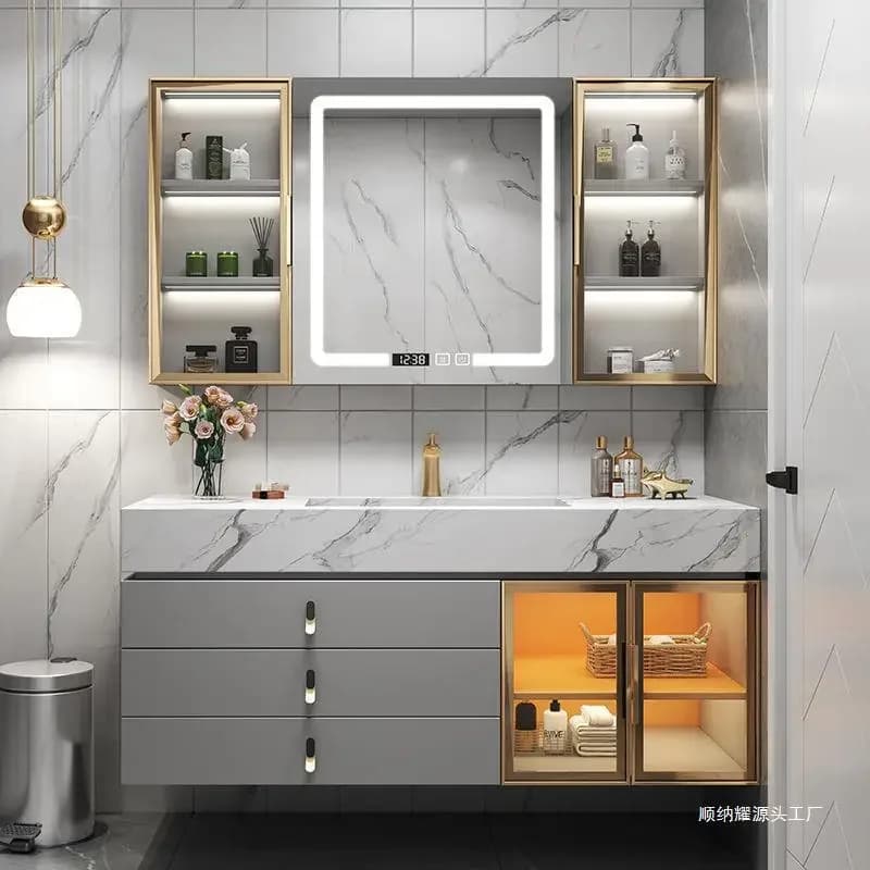 Mobili da bagno in legno massello di lusso leggero, lavabo integrato con lastra di roccia, mobiletto da bagno con lavabo, mobili da bagno