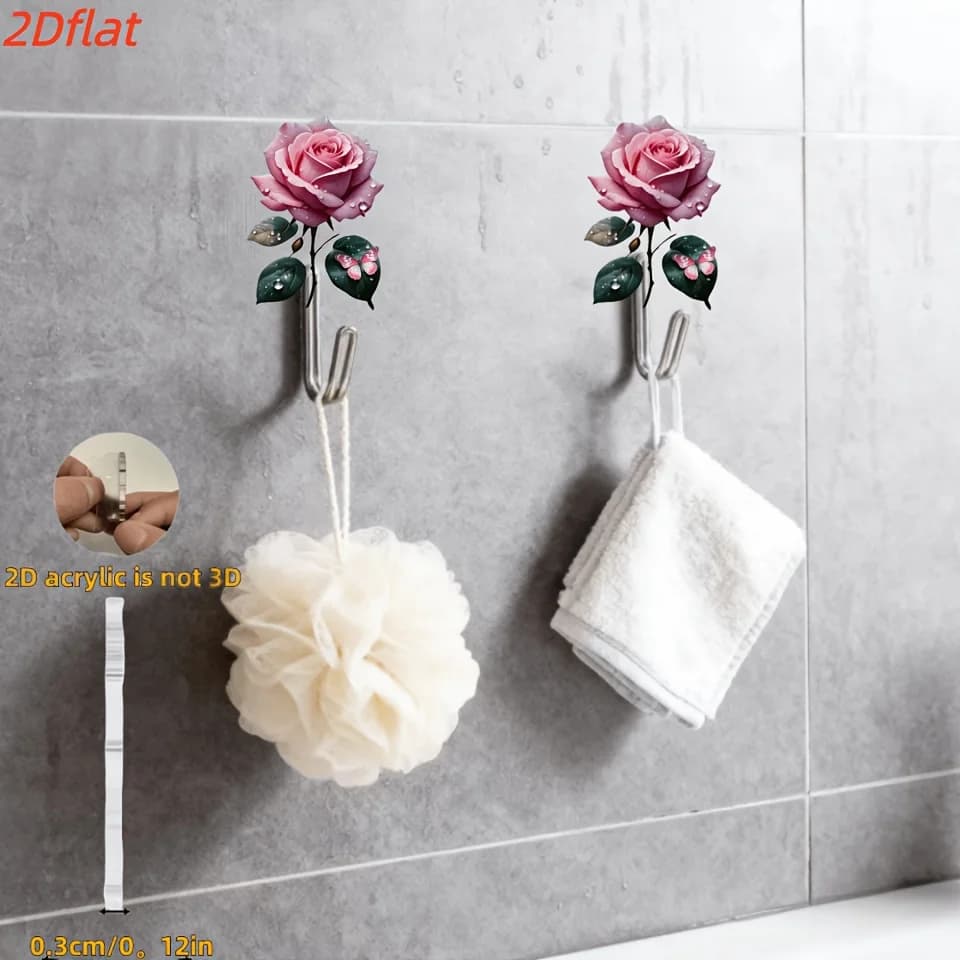 Pink Rose Butterfly Acrylic Self Adhesive Wall Hooks, No Drill Floral Decor Double J Metal Hook, Waterproof Punch-Free Towel Bath Sponge Hanging Hooks For Bathroom Shower Room Wholesale
