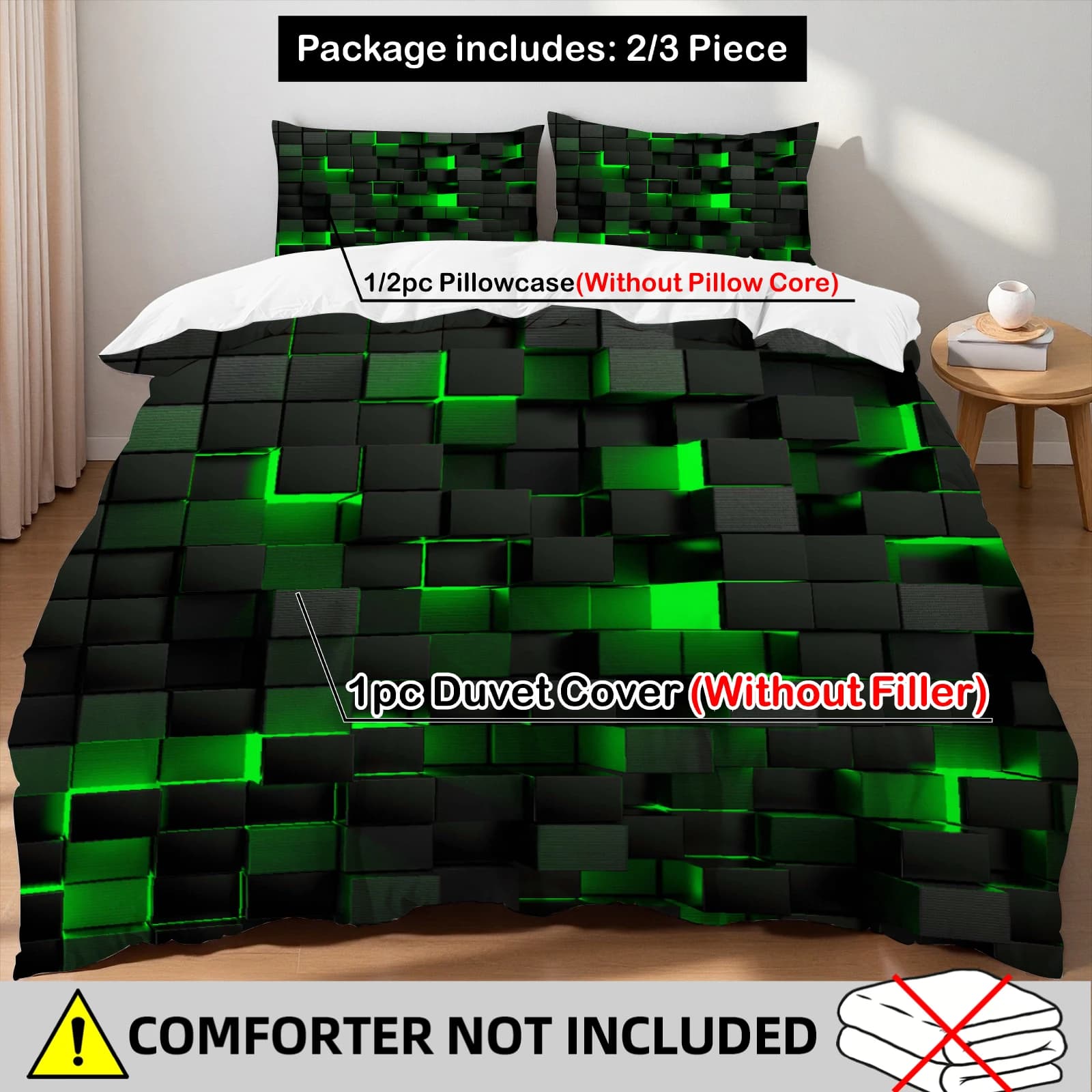 Set Copripiumino 3 Pezzi Verde a Quadri con Stampa Geometrica 3D, Copripiumino con Federe, Set Biancheria da Letto Singolo, Matrimoniale, Queen Size