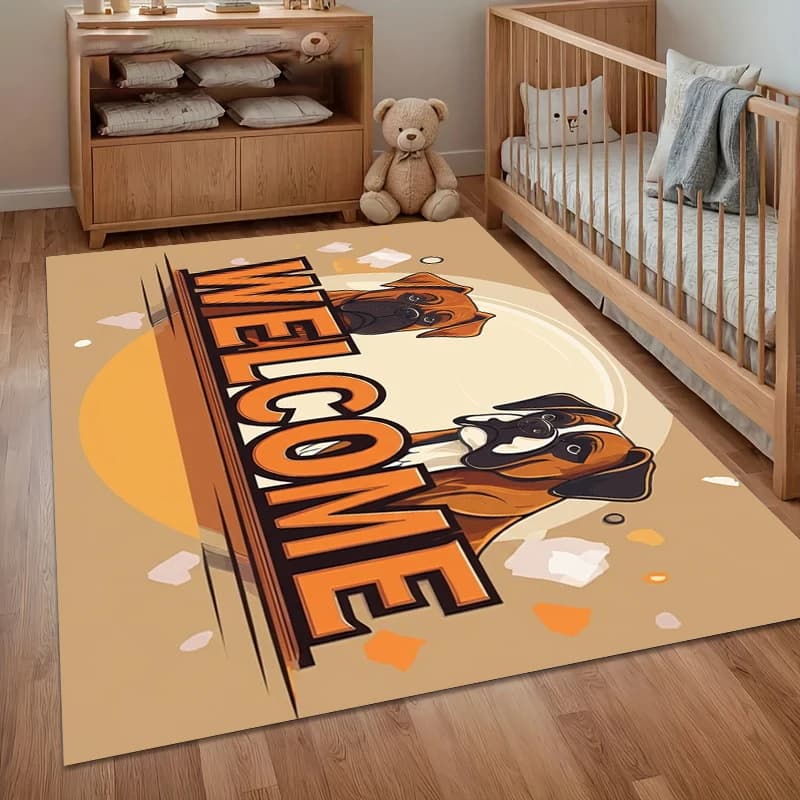 Welcome Print Carpet for Dogs Boxer, Anti-slip, Soft, for Entrance, Living Room, Bedroom, Children's Room, Pet-Friendly Decoration