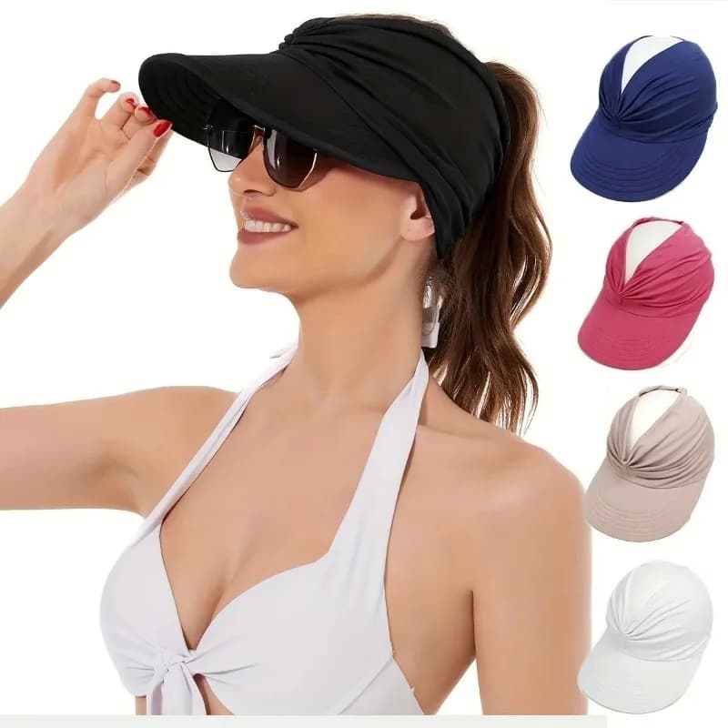 Cappello Estivo da Spiaggia Anti-UV a Tesa Larga da Donna, Visiera Vuota per Viaggi, Escursioni, Picnic, Protezione Solare, Elastico e Traspirante, con Apertura per Coda di Cavallo