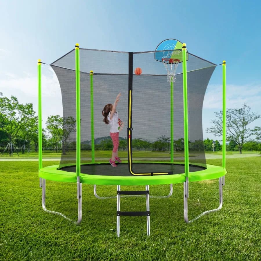 Trampolino Rotondo da Esterno 10FT con Rete di Sicurezza, Canestro da Basket e Scala, Facile Montaggio, Telaio in Acciaio Resistente ai Raggi UV