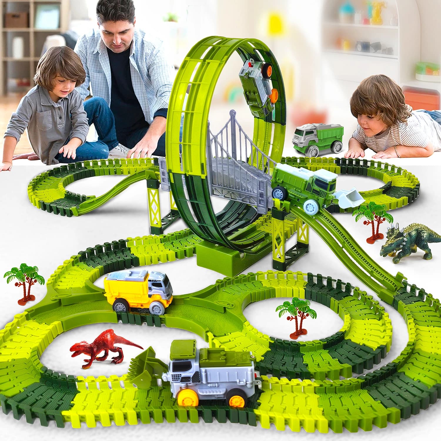 Set di binari per auto da corsa per dinosauri elettrici, giocattolo educativo per auto su rotaia flessibile per arrampicata magica per bambini