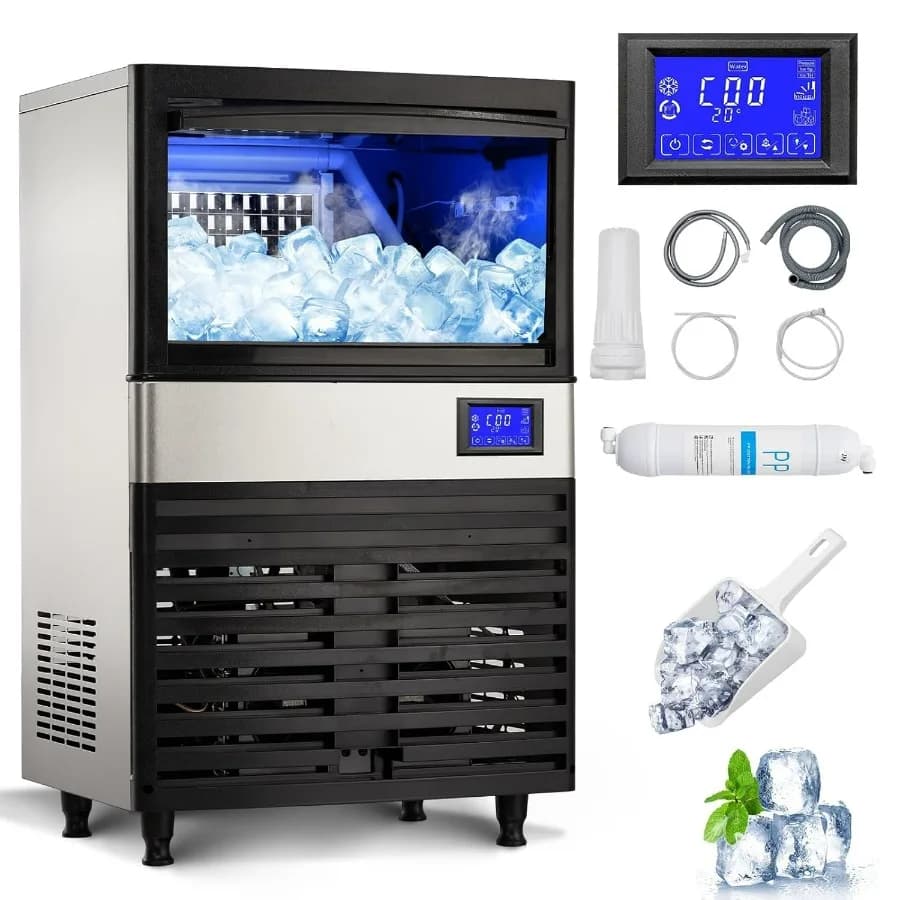 Fabbricatore di Ghiaccio Commerciale 110 libbre/24h con Contenitore da 30 libbre, Produzione Rapida di Ghiaccio in 8-15 Minuti, Acciaio Inossidabile Argento, Pulizia Automatica, Timer, Filtro