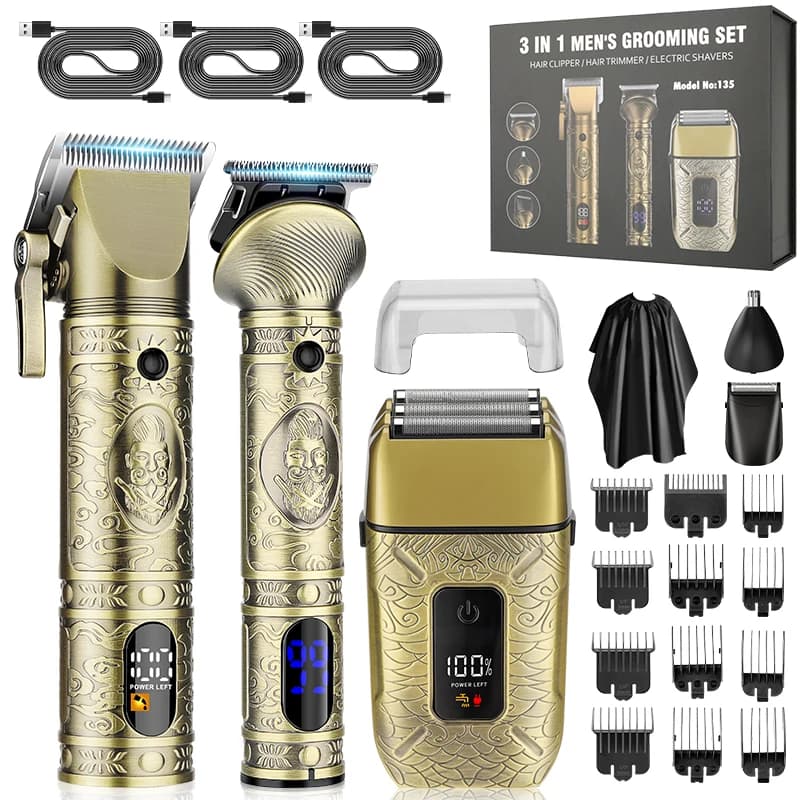 Nuovo Set 3 in 1 Resuxi: Tagliacapelli, Regolabarba e Rasoio Elettrico in Metallo per Barbieri, Strumenti per la Cura Maschile