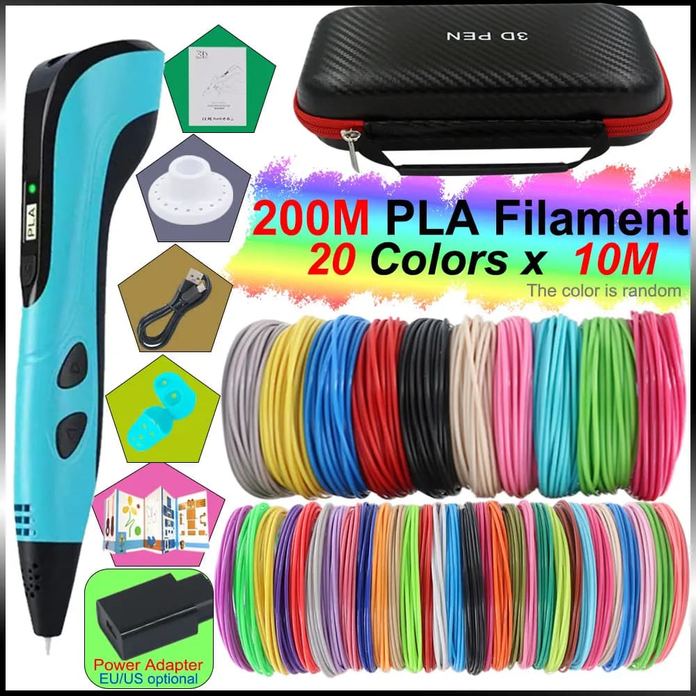 3D Printing Pen for Christmas Creative Children with LED Screen Power Adapter Valigia with Colorful PLA Filament DIY Toy for Kids Birthday
