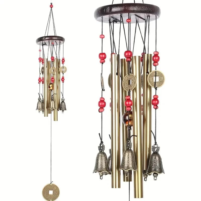 Chinese Traditional Retro Wind Chime 4 Tubes 5 Bells Bronze Wind Chime Feng Shui Lucky Wind Bell for Garden Patio Hanging Decor