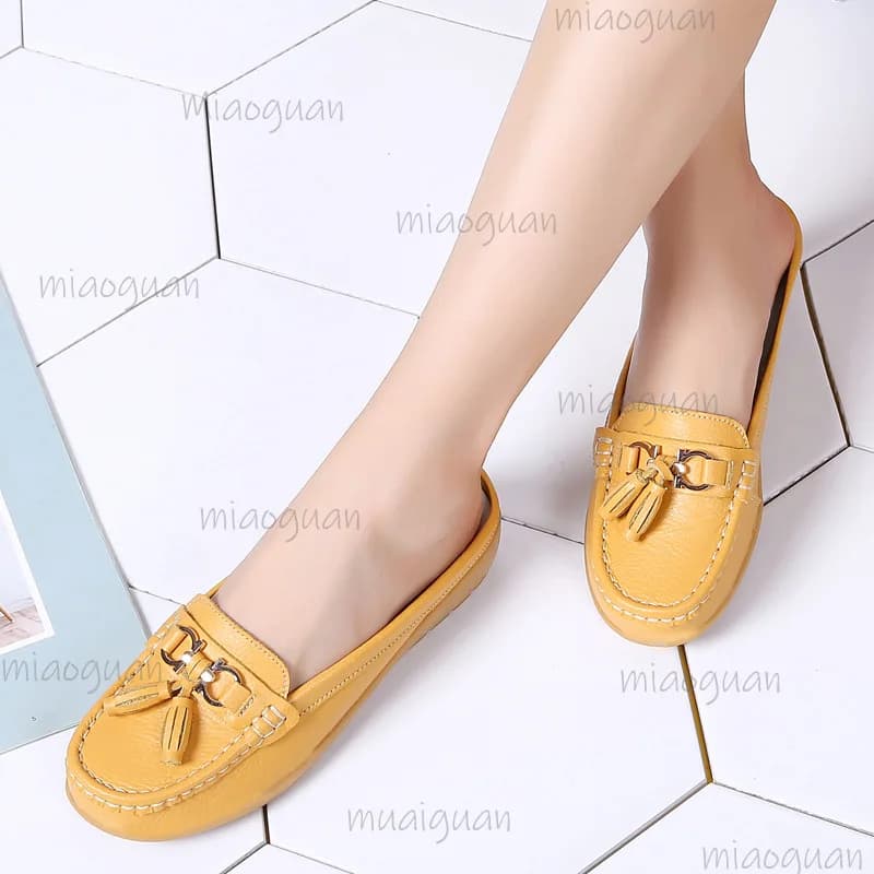 Leather Tassel Mule Loafers for Woman Backless Slip-on Wedge Platform Moccasin Slides Casual Shoes Comfort Walking Boat Footwear