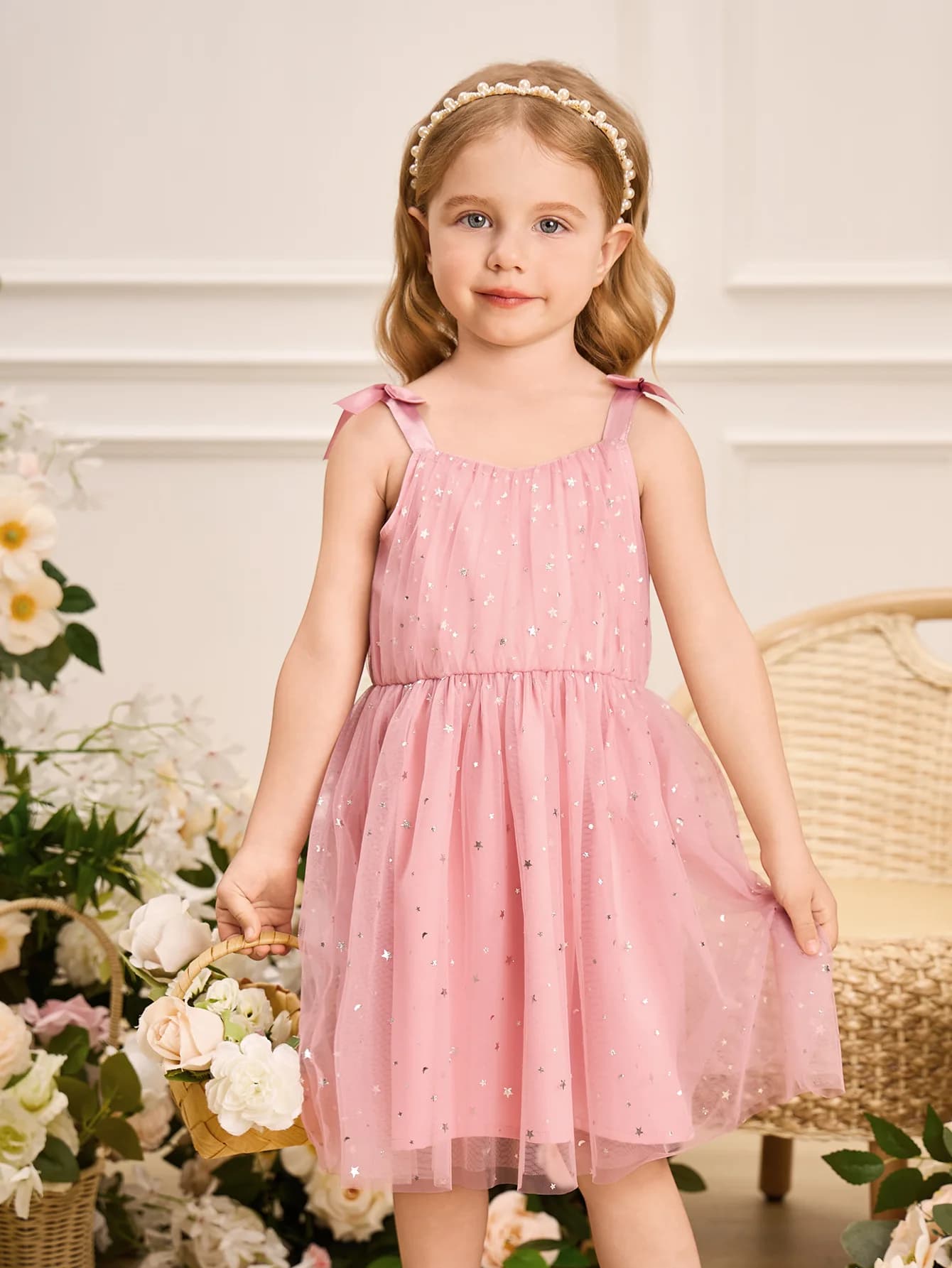 Toddler Girls' Pink Star Sequin Camisole Dress - Bow Straps & Mesh Skirt, Sweet Spring & Summer Princess Dress