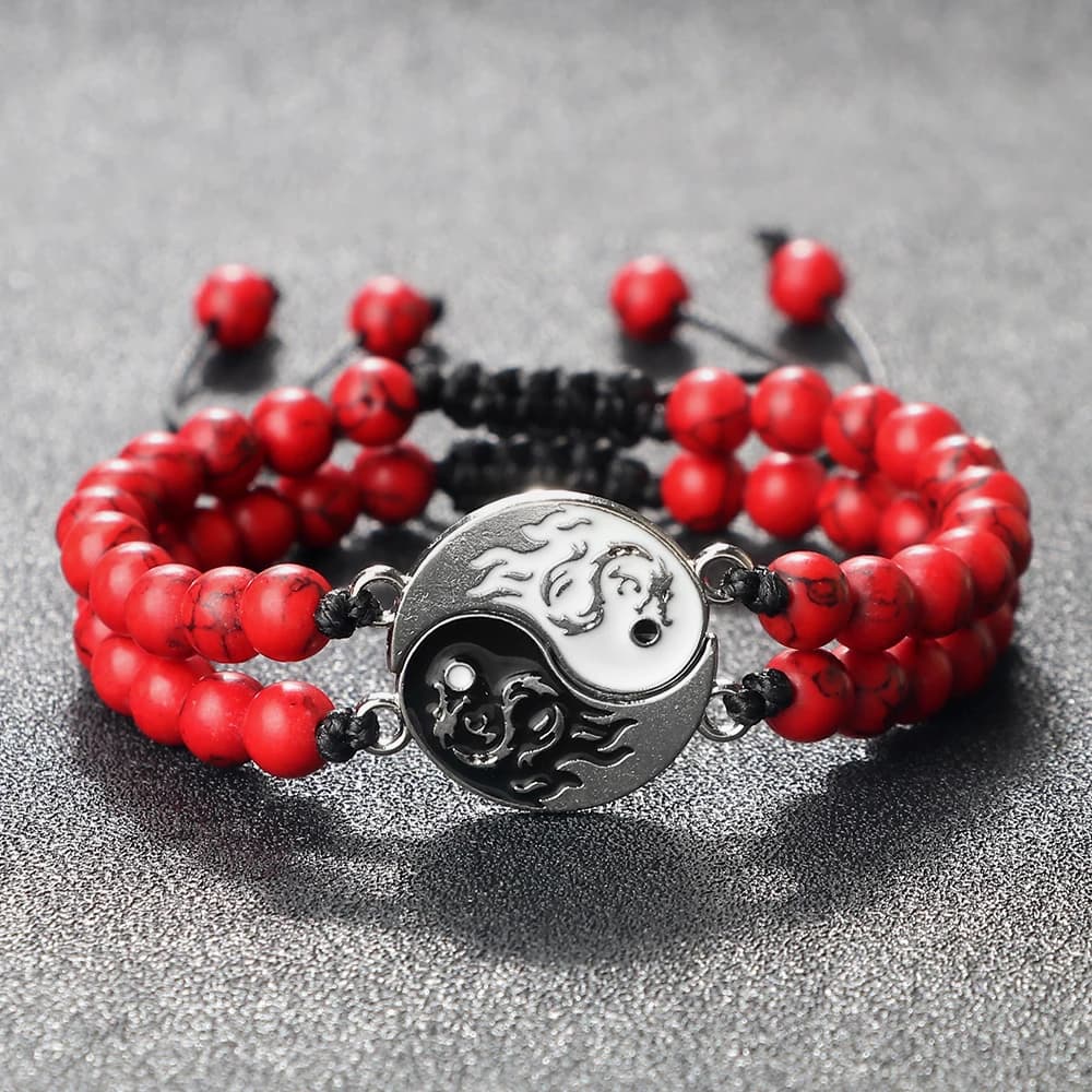 Set di Braccialetti Tai Chi a Forma di Drago per Coppie, Bracciali Intrecciati Regolabili in Onice Naturale Yin Yang per Uomo e Donna, Gioielli dell'Amicizia