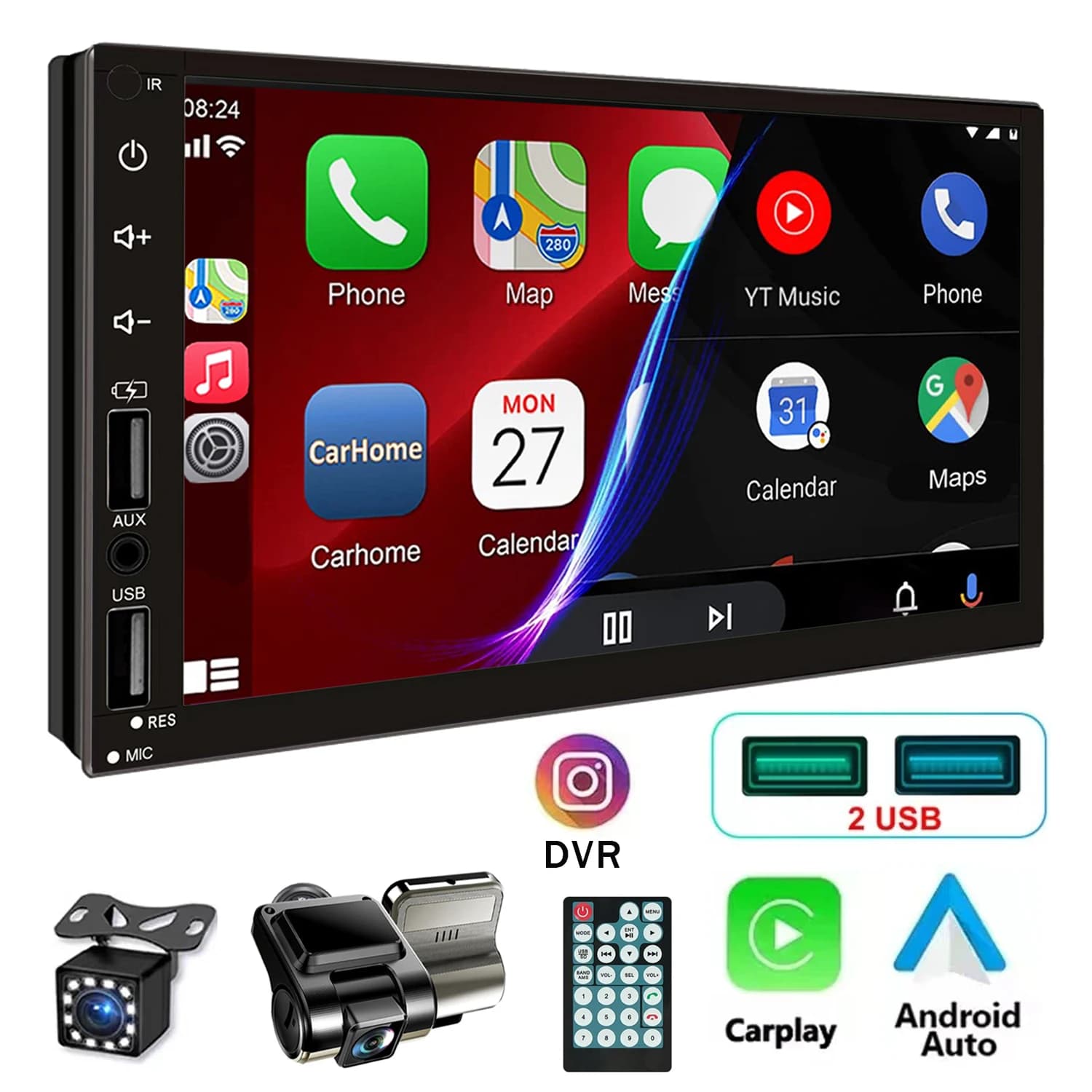 7 inch Stereo Full HD Touchscreen 2 Din Car Video Player with Dash Cam and 2 USB/AUX/TF Rear Camera Voice Control