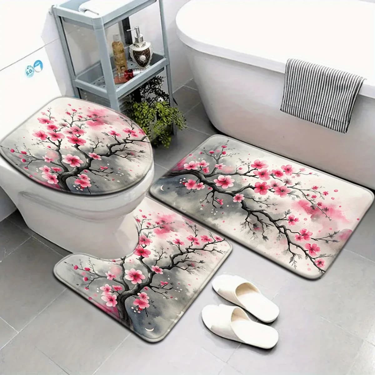 Set di tappetini da bagno stampati con fiori di ciliegio giapponese Sakura, 3 pezzi, tappetini morbidi antiscivolo per WC, lavabo, bagno, decorazioni per la casa