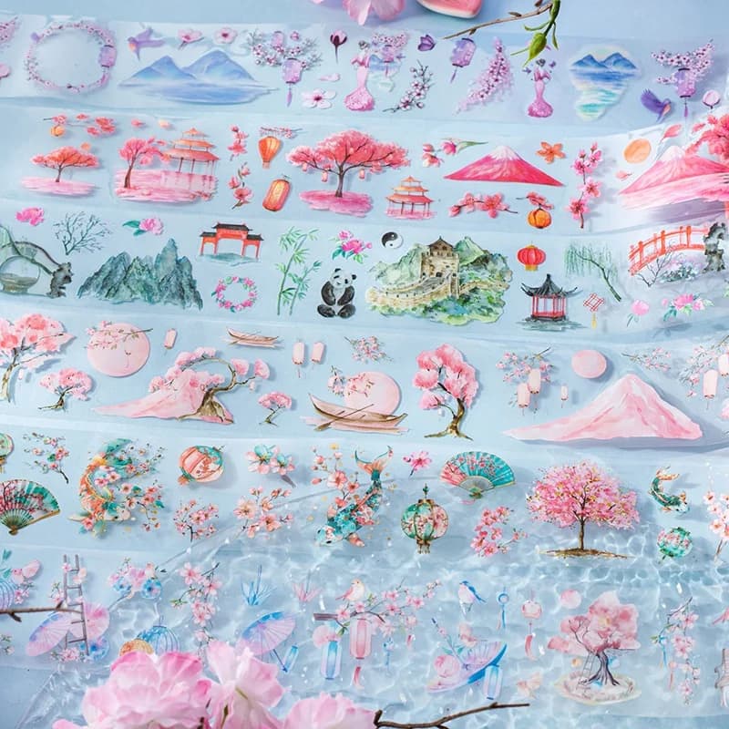 Confezione da 6 rotoli - Set di adesivi con nastro a tema architettonico di fiori di ciliegio per animali domestici - Serie di canzoni d'amore con fiori di ciliegio - Impermeabile, fustellato per animali domestici, autoadesivo - Adatto per scrapbooking, diari spazzatura e adesivi per collage