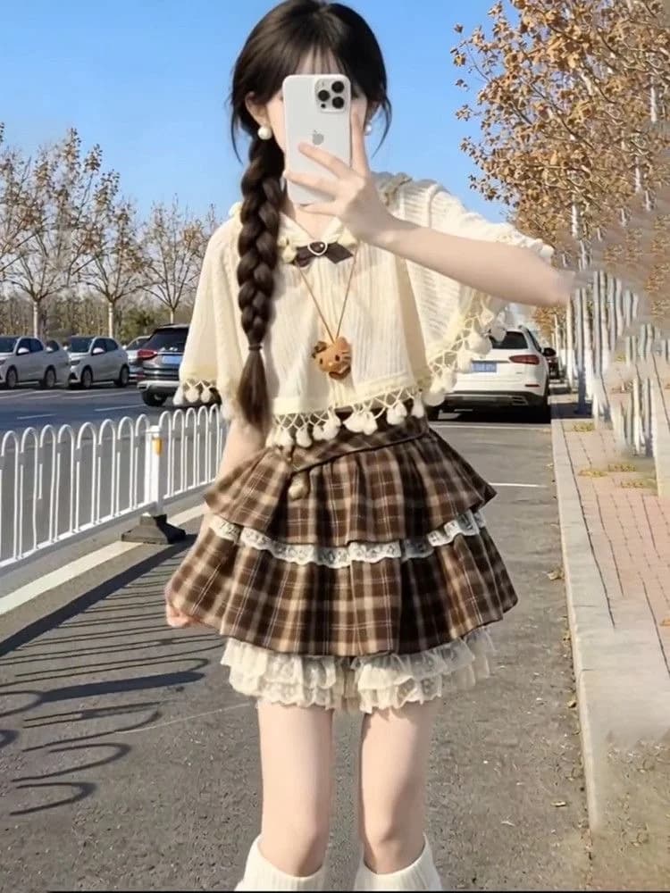 Retro College Style Set Women Summer Small Size Clothing Tassel Shawl Cloak High Waist Plaid Cake Skirt Three Piece Set