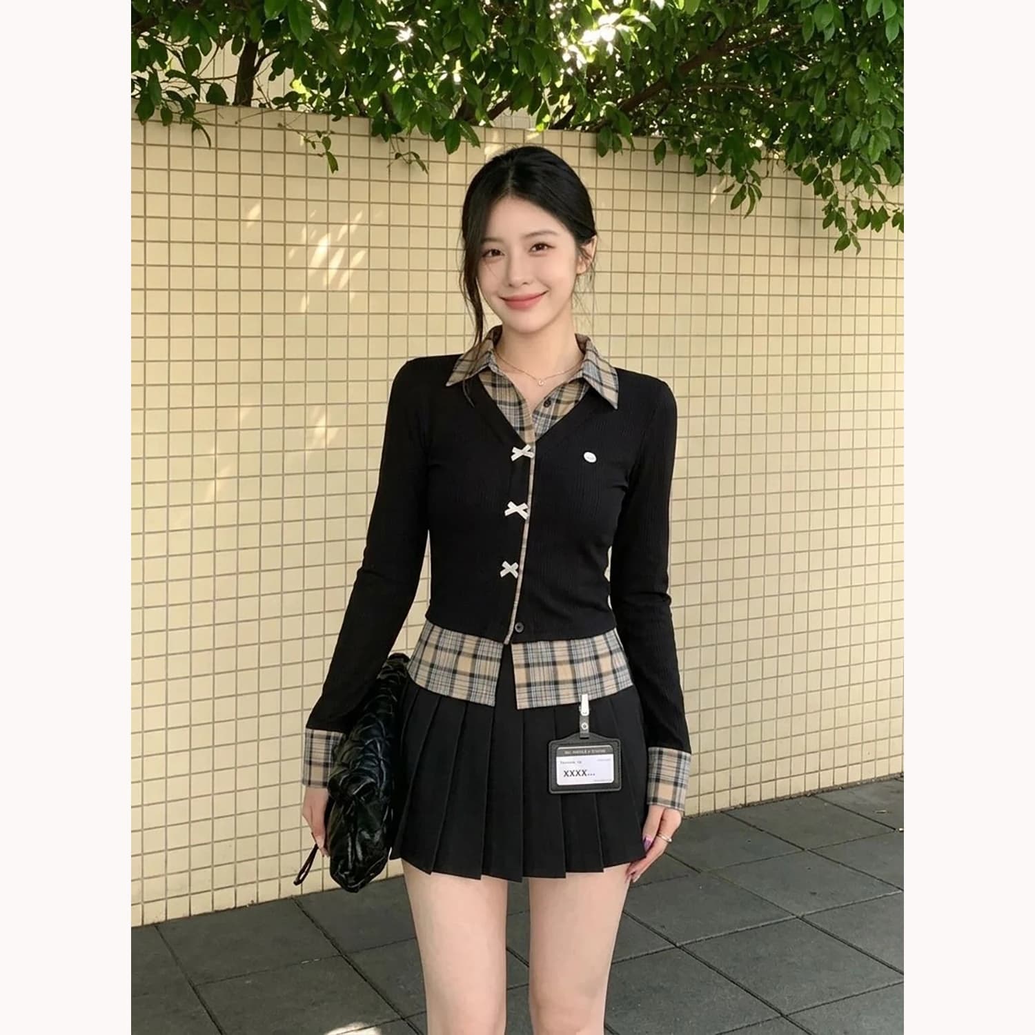 Korean Style Plaid Patchwork Shirt with Knot Early Autumn Base Layer Top Women's Fashion Long Sleeve Casual Blouse