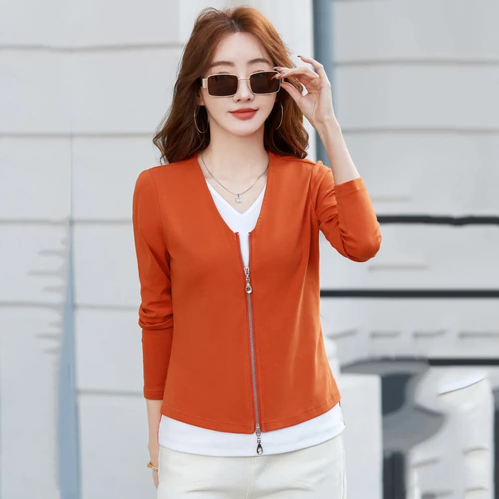 Nuova maglietta donna finta in cotone a due pezzi Primavera Estate Casual Patchwork scollo a V manica lunga Slim Tees Tops Maglietta di base semplice