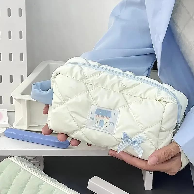 Minimalist Milk White Butterfly Bow Pencil Case Cute Large Capacity Layered Storage Pencil Bags Portable Stationery Storage Bag