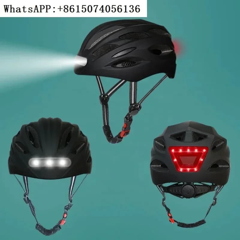 LED helmet, bike with rear lights, mountain bike equipped with bicycle helmet
