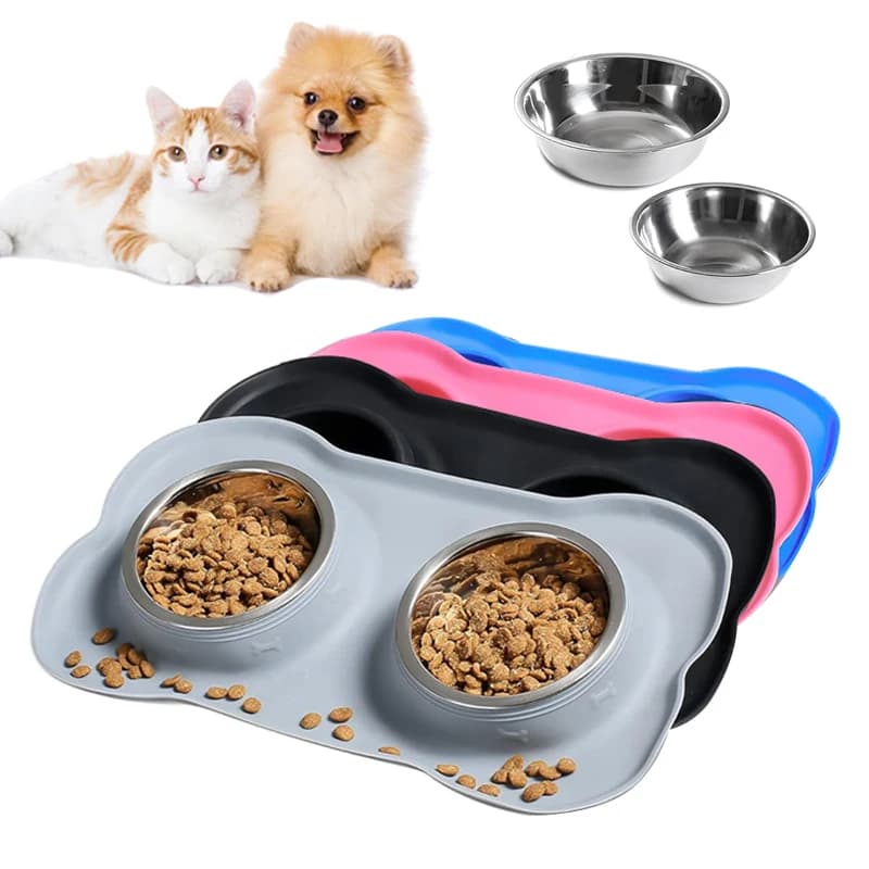 Alimentatore per cani da compagnia in acciaio inossidabile Silicone anti-fuoriuscita Gatti Cane Doppia ciotola Alimentazione per animali Ciotole per acqua potabile Dispenser di cibo per cani