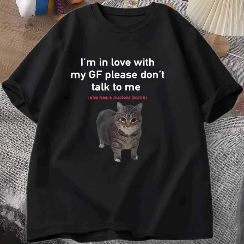 T-shirt divertente con gatto 'I'm in Love with My GF' per fidanzati, maglietta oversize a girocollo da uomo e donna, t-shirt a maniche corte per coppie