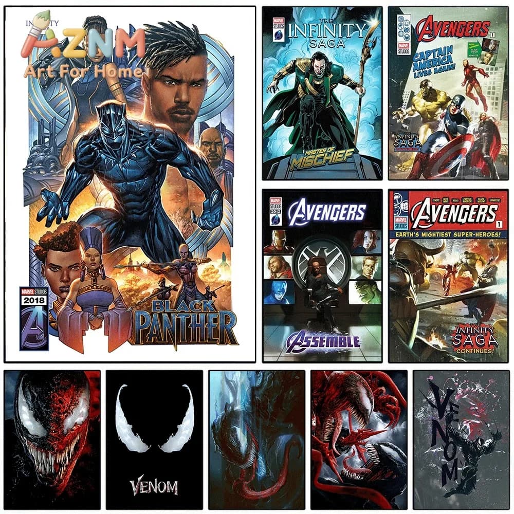 2D Flat Posters & Prints,Black Panther Venom Avengers Marvel Infinity Saga Comic Canvas Wall Art,2D Flat Frameless Print,Home
