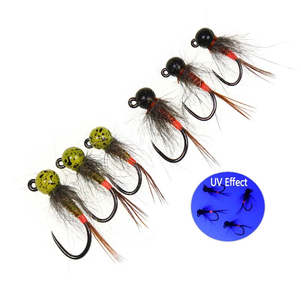 6 pezzi # 14 # 16 # 18 Mosche Artificiali da Pesca a Trota: Jig Bead Head, Barbless, Nymph, Perdigon, Euro Wet Nymph, ad Affondamento Rapido