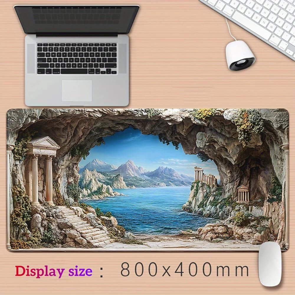 Tappetino da Scrivania con Ruine Greche e Grotta Costiera 80x40cm, Grande Tappetino per Mouse da Gaming, Tappetino per Tastiera con Paesaggio Panoramico per Decorazione Laptop