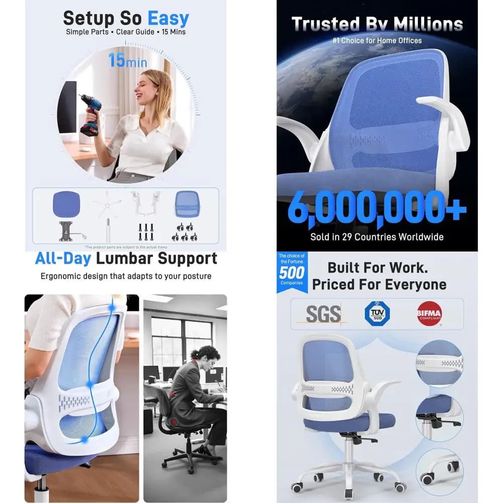 Sedia Ergonomica in Rete Traspirante con Braccioli Ribaltabili, Girevole e Cuscino Spesso per Ufficio Domestico (Bianco/Blu)