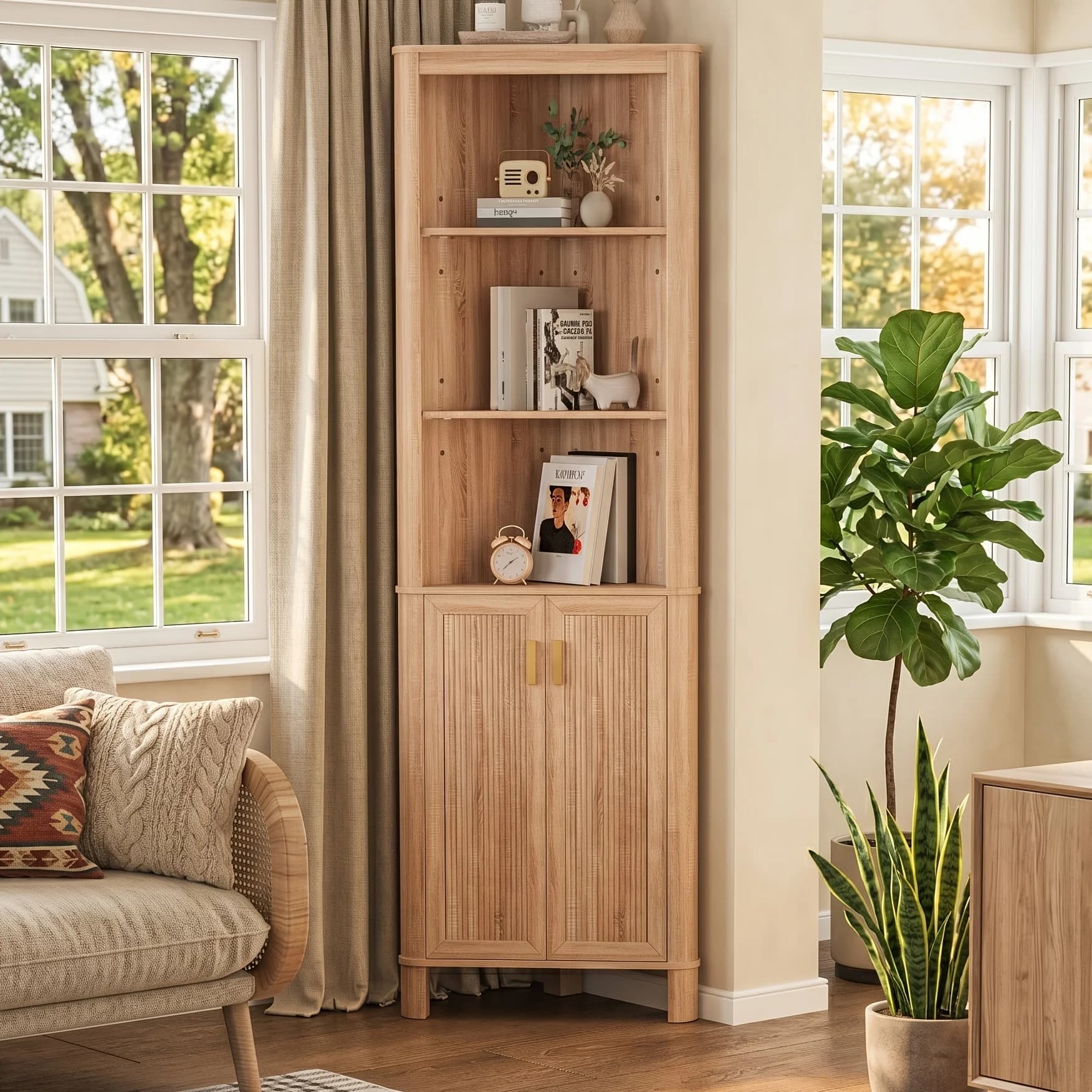 Fluted Corner Cabinet, 68" Tall Freestanding Storage Organizer With 4 Adjustable Shelves, Space-Saving Wood Corner Cupboard For