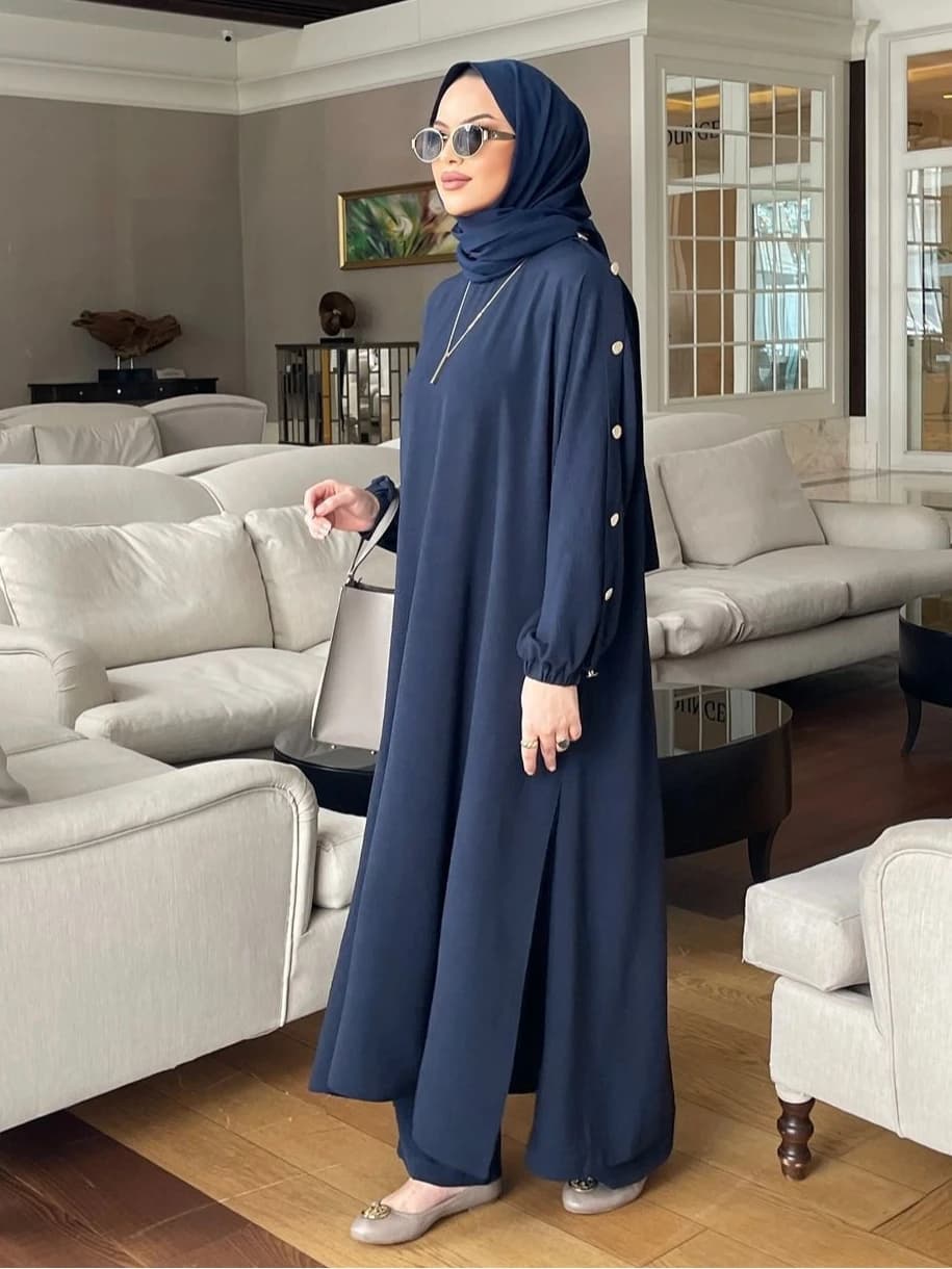 Abito musulmano per donna camicetta 2 pezzi Set manica lunga Abaya camicia gamba larga pantalone abiti arabi Dubai abiti Musulman Ensembles