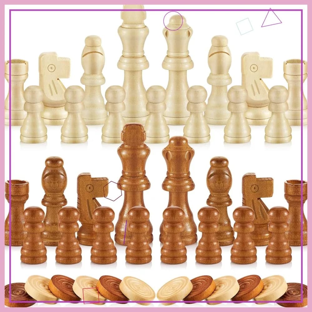 Set di Scacchi in Legno da 60 Pezzi con Scacchiera, Gioco 2-in-1 Artigianale, Sacchetto con Coulisse, 2 Stili (Classico)