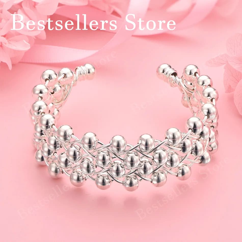 Bracciale di lusso in argento sterling 925 a più strati con perline rotonde intrecciate e apertura a bocca larga per feste di moda femminile, gioielli da matrimonio